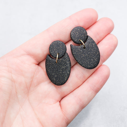 Glitters black geometric earrings. Handmade polymer clay earrings.