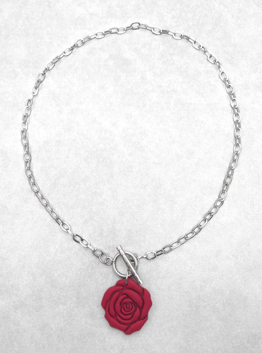 Handmade Necklace – Burgundy Rose Polymer Clay Pendant