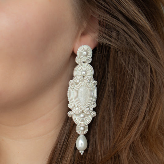 Handmade Bridal Ivory Earrings – Lightweight and Long Soutache Jewellery