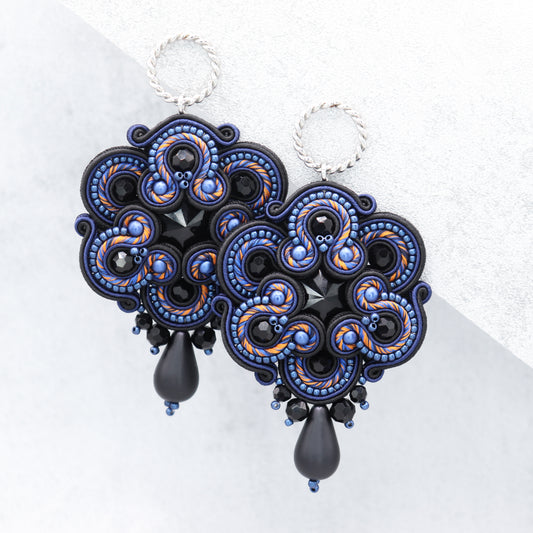 Dark sapphire and black soutache earrings. Exclusive handmade earrings.