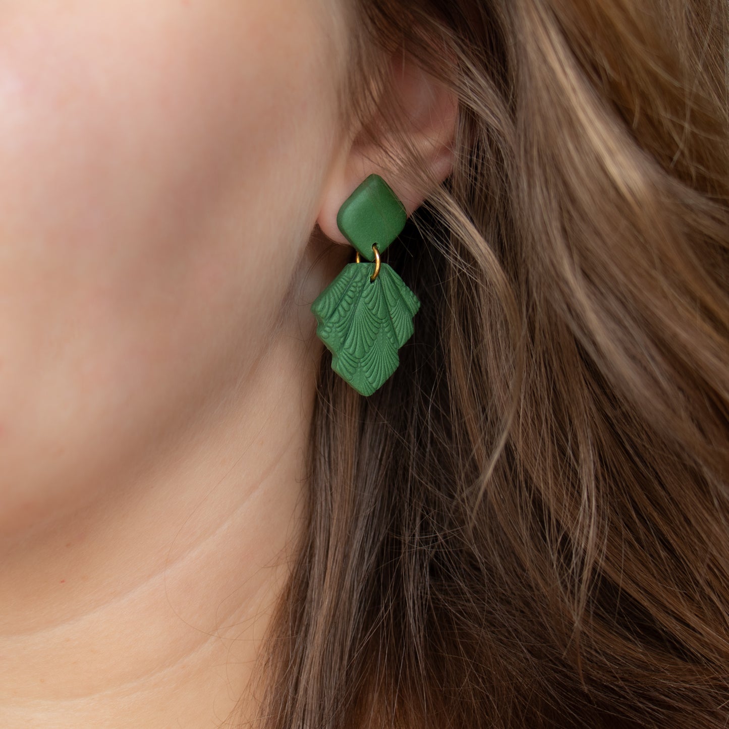 Handmade Forest Green Geometric Earrings – Textured Polymer Clay Jewellery