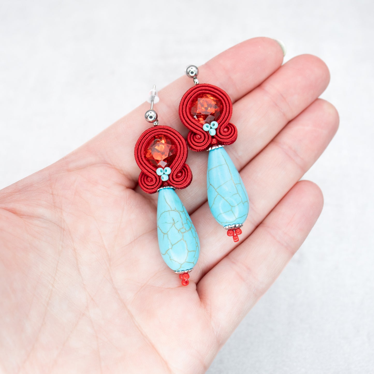 Red soutache earrings with howlite earrings. Statement and lightweight handmade earrings.