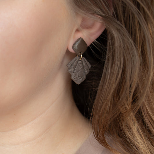Handmade Brown Geometric Earrings – Textured Polymer Clay Jewellery