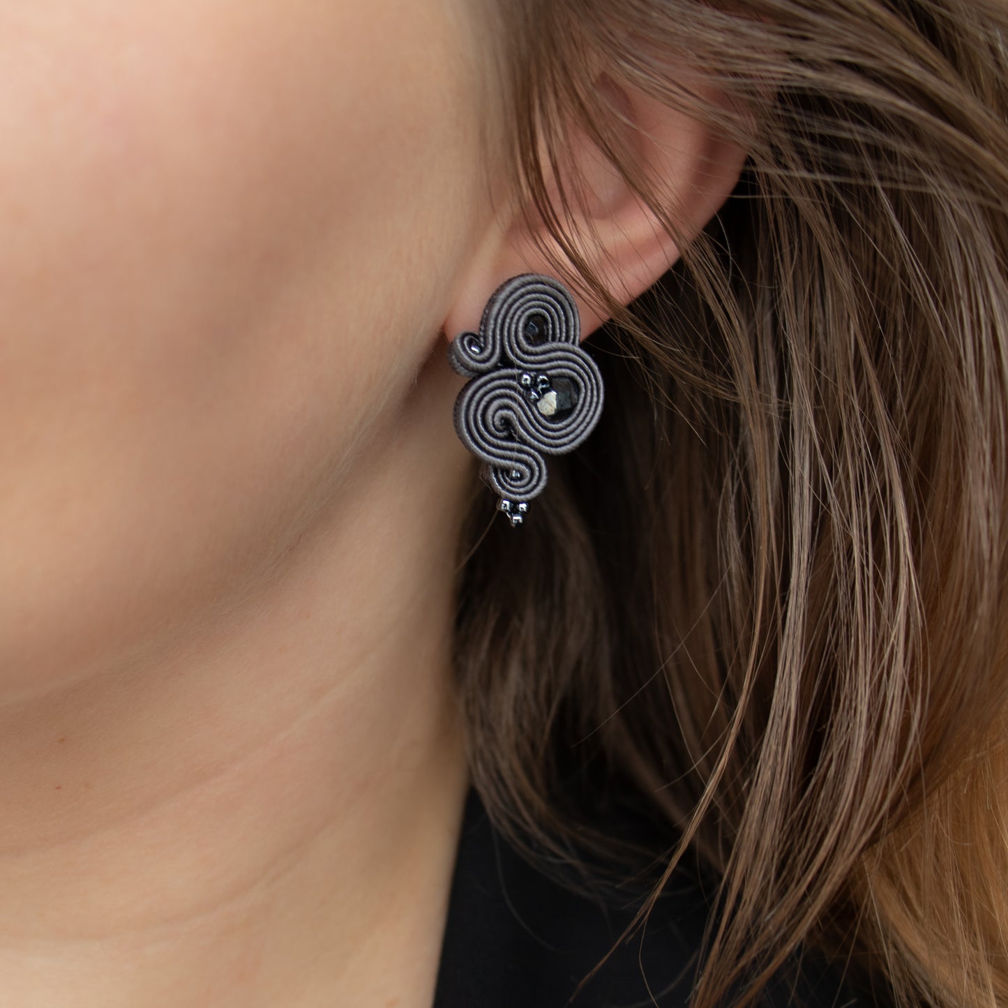 Handmade Dark Grey Soutache Earrings – Casual Elegance Jewellery