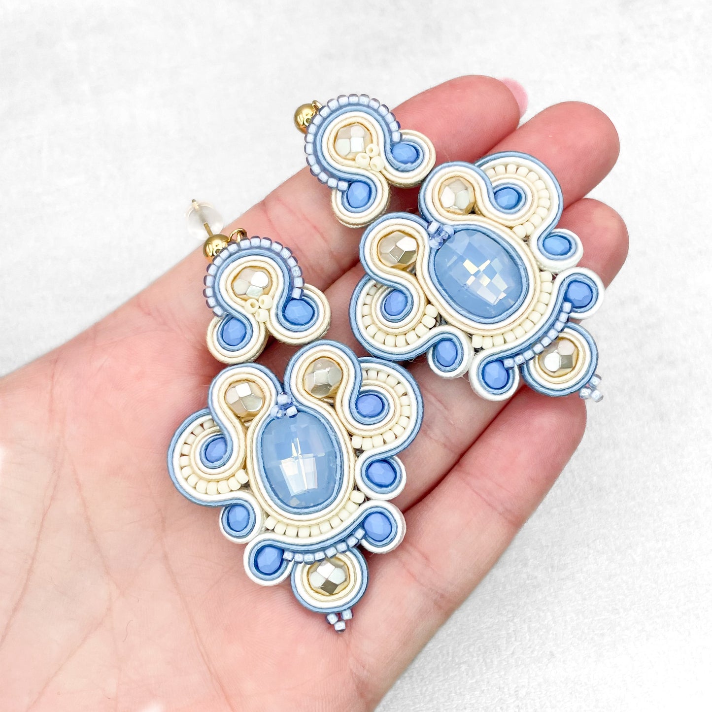 Handmade Light Blue and Cream Soutache Earrings – Chic and Unique Jewellery