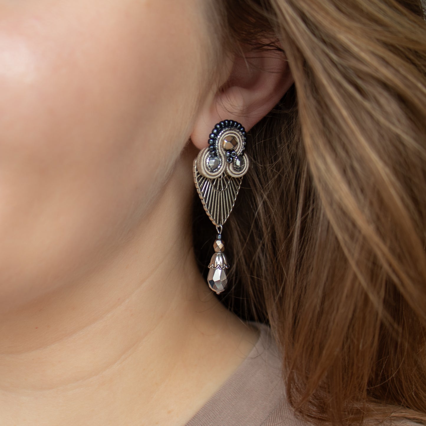 Handmade Sand, Light Grey, and Dark Grey Soutache Earrings – Oriental Charm Jewellery