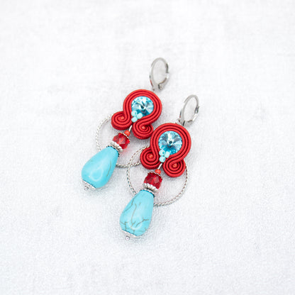 Red and turquoise handmade earrings. Statement soutache earrings with turquoise howlite.
