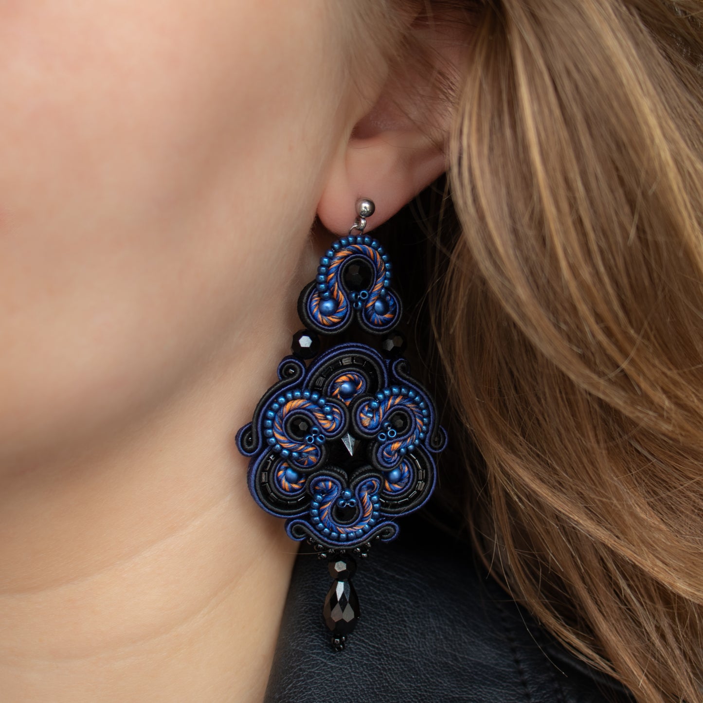 Handmade Dark Sapphire and Black Soutache Earrings – Exquisite and Unique Jewellery