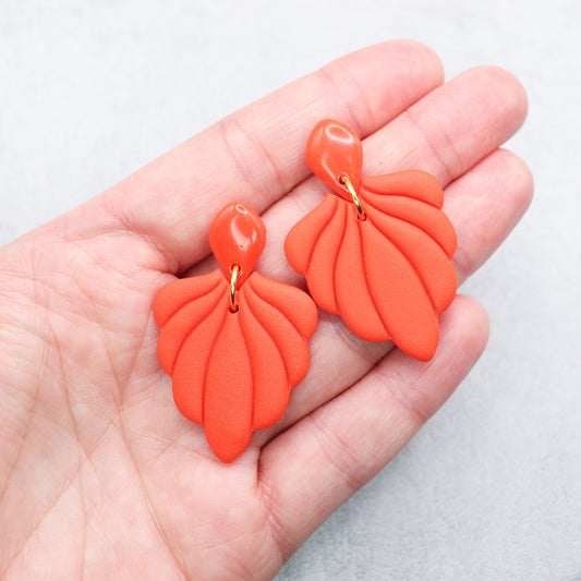 Orange red shell earrings. Handmade polymer clay earrings.