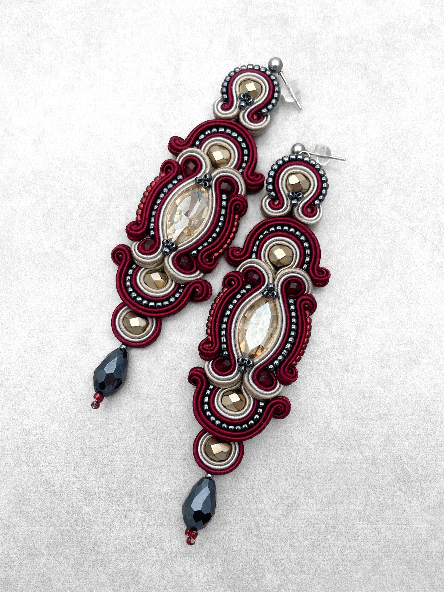 Handmade Maroon, Sand, and Dark Grey Soutache Earrings – Oriental Long Earrings