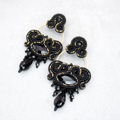 Black and gold soutache earrings. Luxury and original earrings.