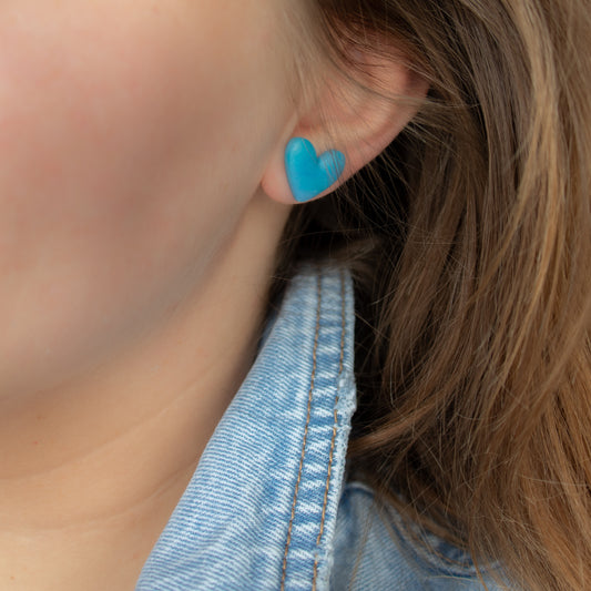 Handmade Sky Blue Heart Stud Earrings – Marbled Polymer Clay Studs