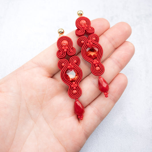 Red soutache earrings. Original handmade earrings.