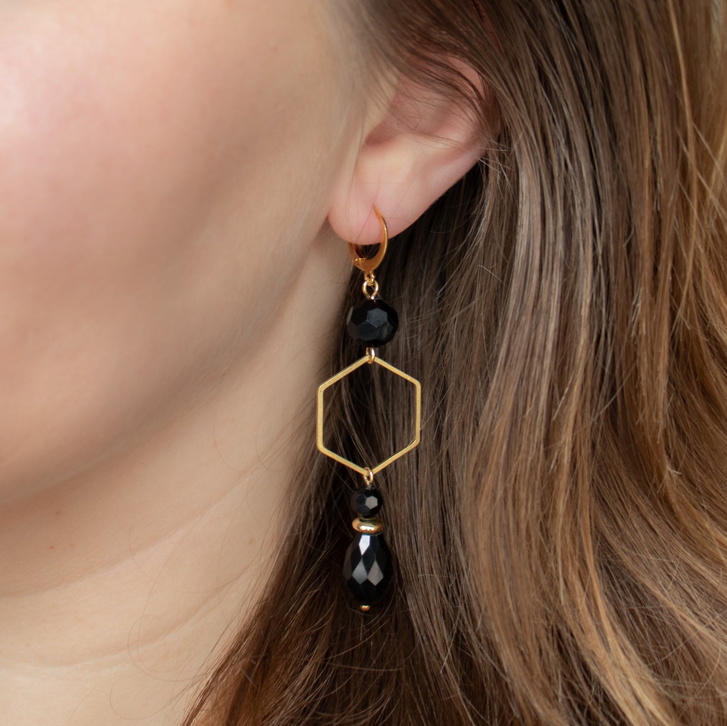Handmade Long Earrings with Black Beads and Hexagon Gold Charms