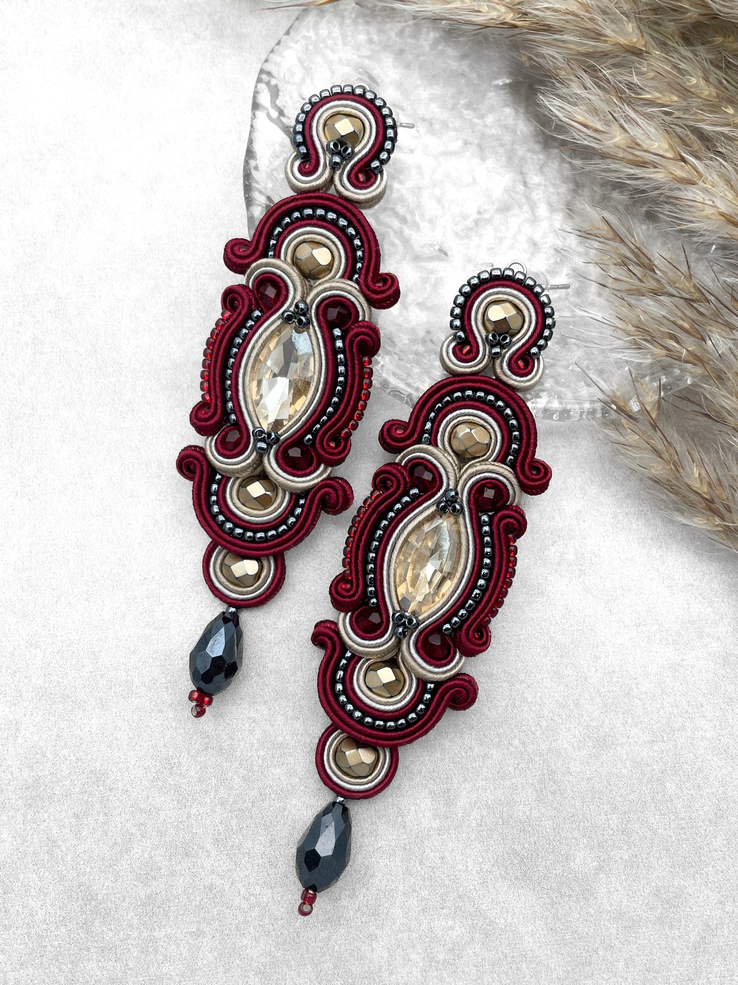 Handmade Maroon, Sand, and Dark Grey Soutache Earrings – Oriental Long Earrings