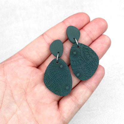 Handmade Dark Teal Pebble Earrings – Textured Polymer Clay Jewellery