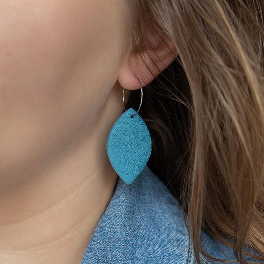 Handmade Steel Blue Oval Earrings – Textured Polymer Clay with Hoops