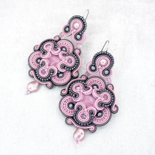 Pink and grey soutache earrings. Handmade earrings. Exclusive and statement earrings.