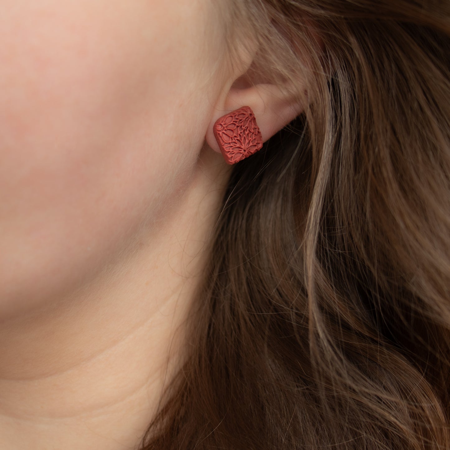 Handmade Dark Copper Rhombus Stud Earrings – Textured Polymer Clay Studs