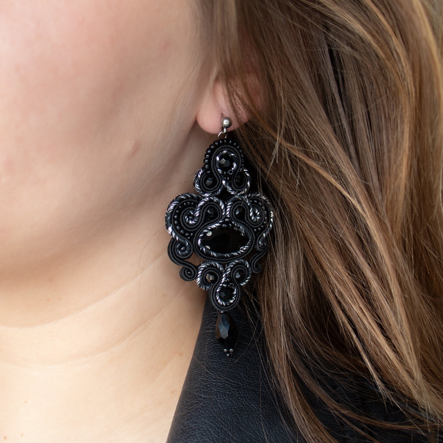 Black and silver soutache earrings. Unique and exclusive earrings.