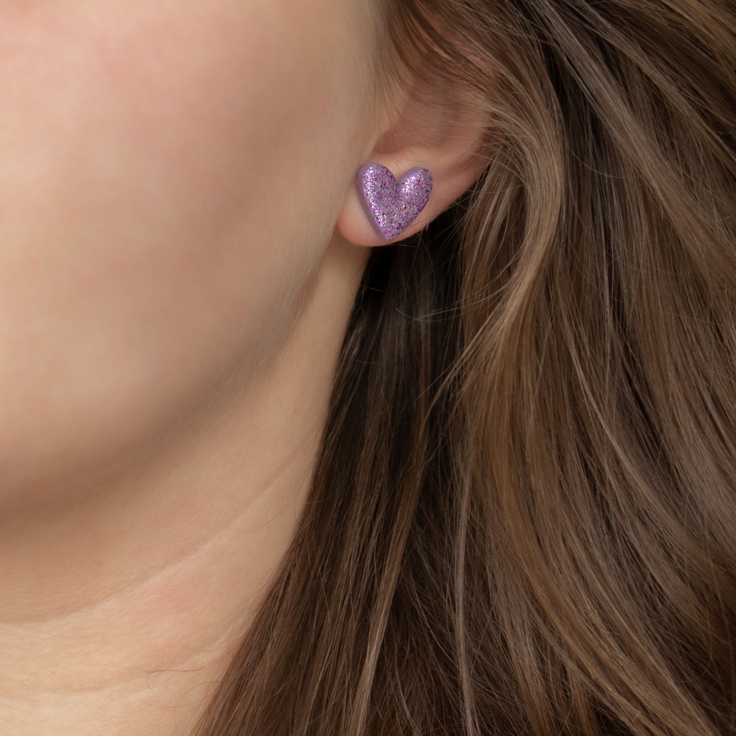 Handmade Violet Heart Stud Earrings – Polymer Clay with Gliiter Studs
