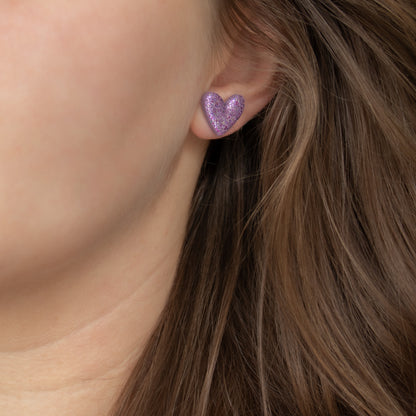 Handmade Violet Heart Stud Earrings – Polymer Clay with Gliiter Studs