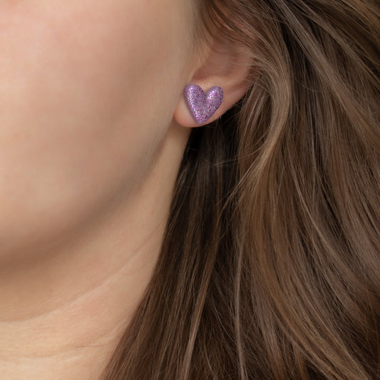 Handmade Violet Heart Stud Earrings – Polymer Clay with Gliiter Studs