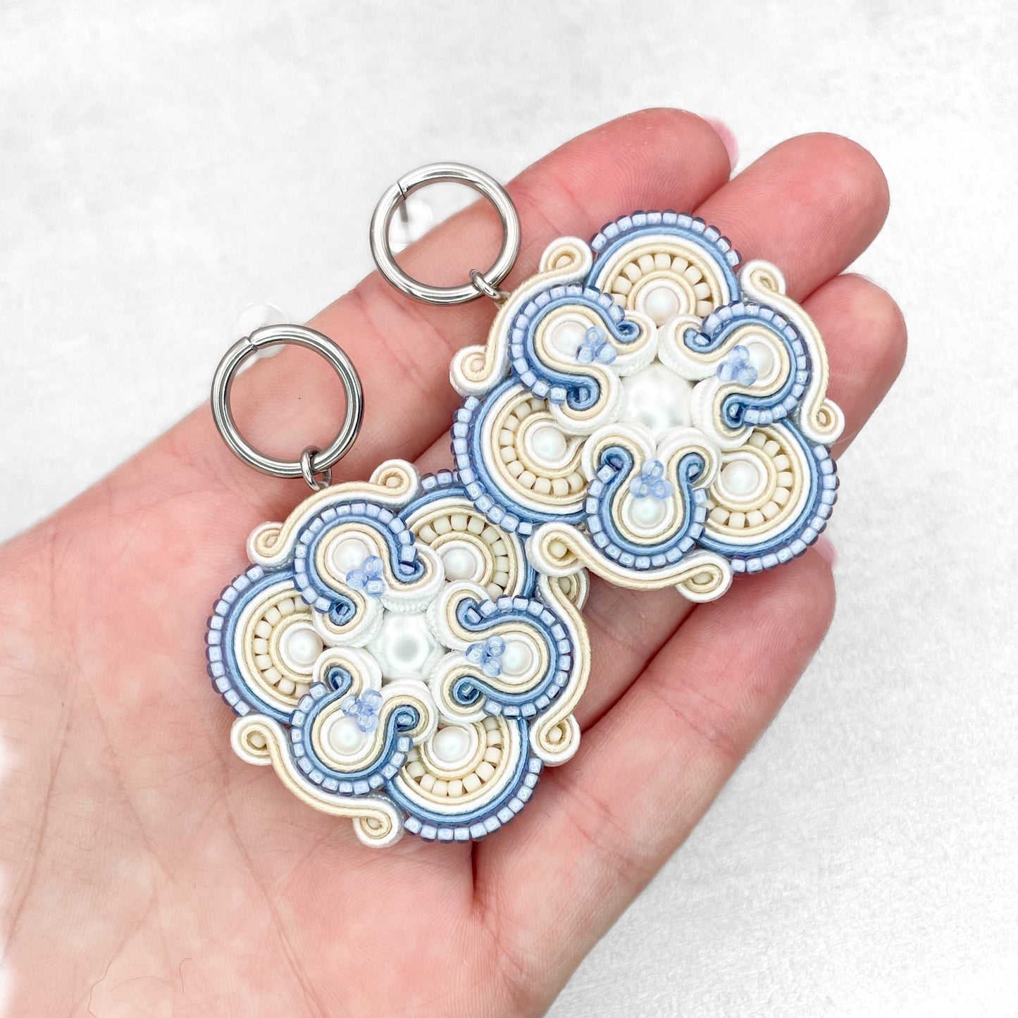 Handmade Light Blue, White, and Cream Soutache Earrings – Sophisticated Jewellery