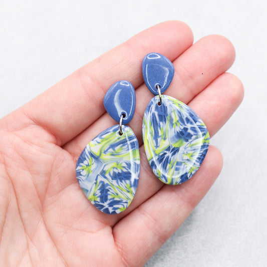 Blue and yellow polymer clay earrings. Handmade marble earrings.