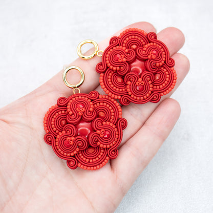Red soutache earrings. Statement and lightweight handmade earrings.