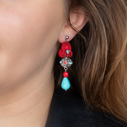 Handmade Red Soutache Earrings with Turqouise Howlite – Distinctive Jewellery