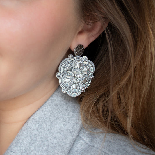 Light grey soutache earrings. Unique and lightweight handmade earrings.