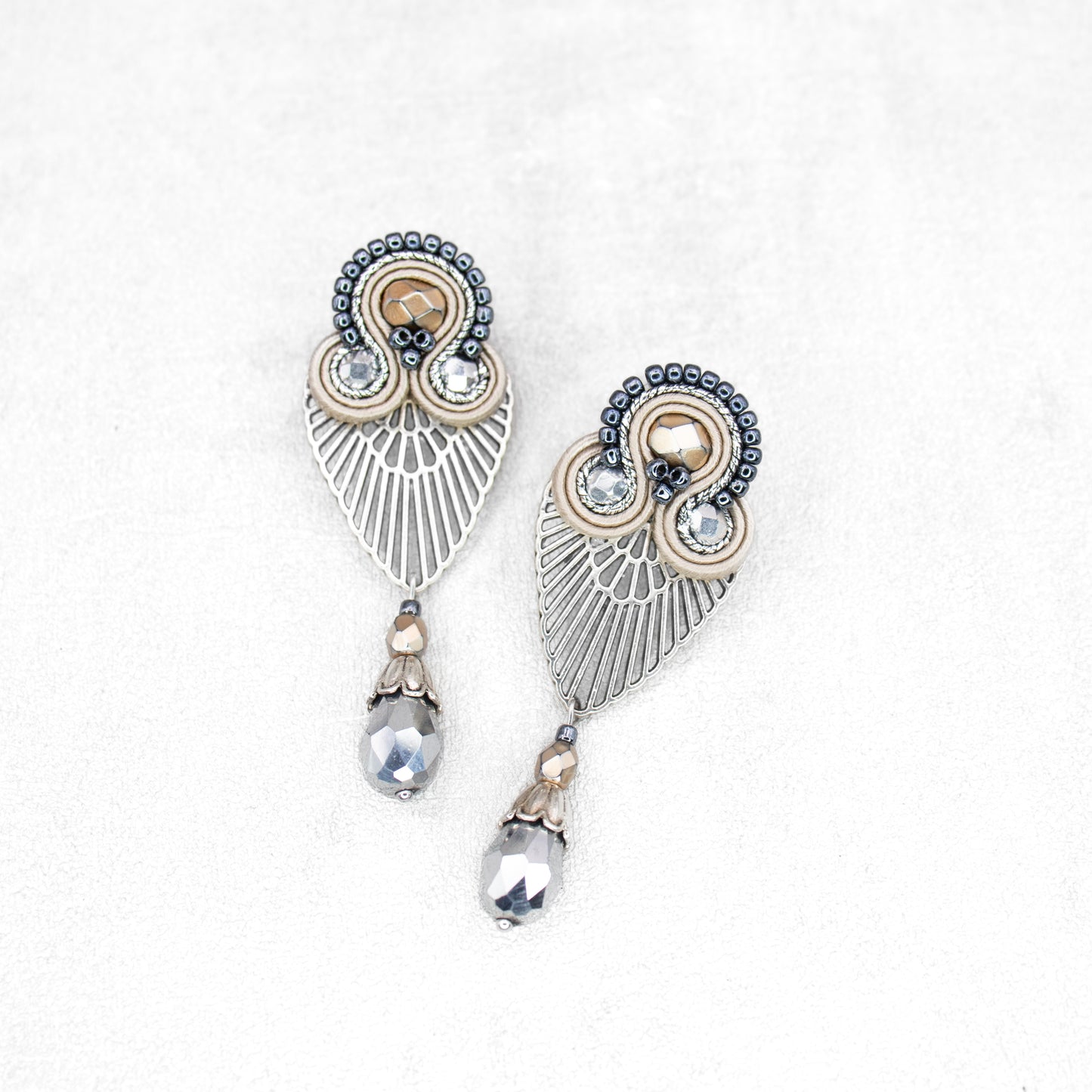 Handmade Sand, Light Grey, and Dark Grey Soutache Earrings – Oriental Charm Jewellery
