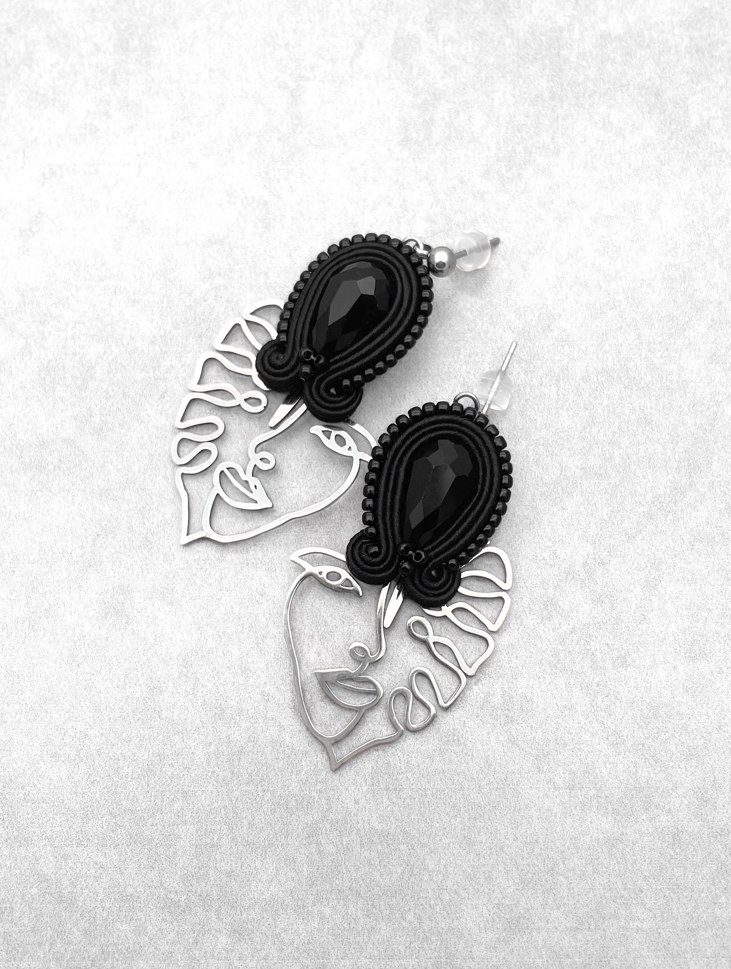 Handmade Black Soutache Earrings with Face Charms – Lightweight Earrings