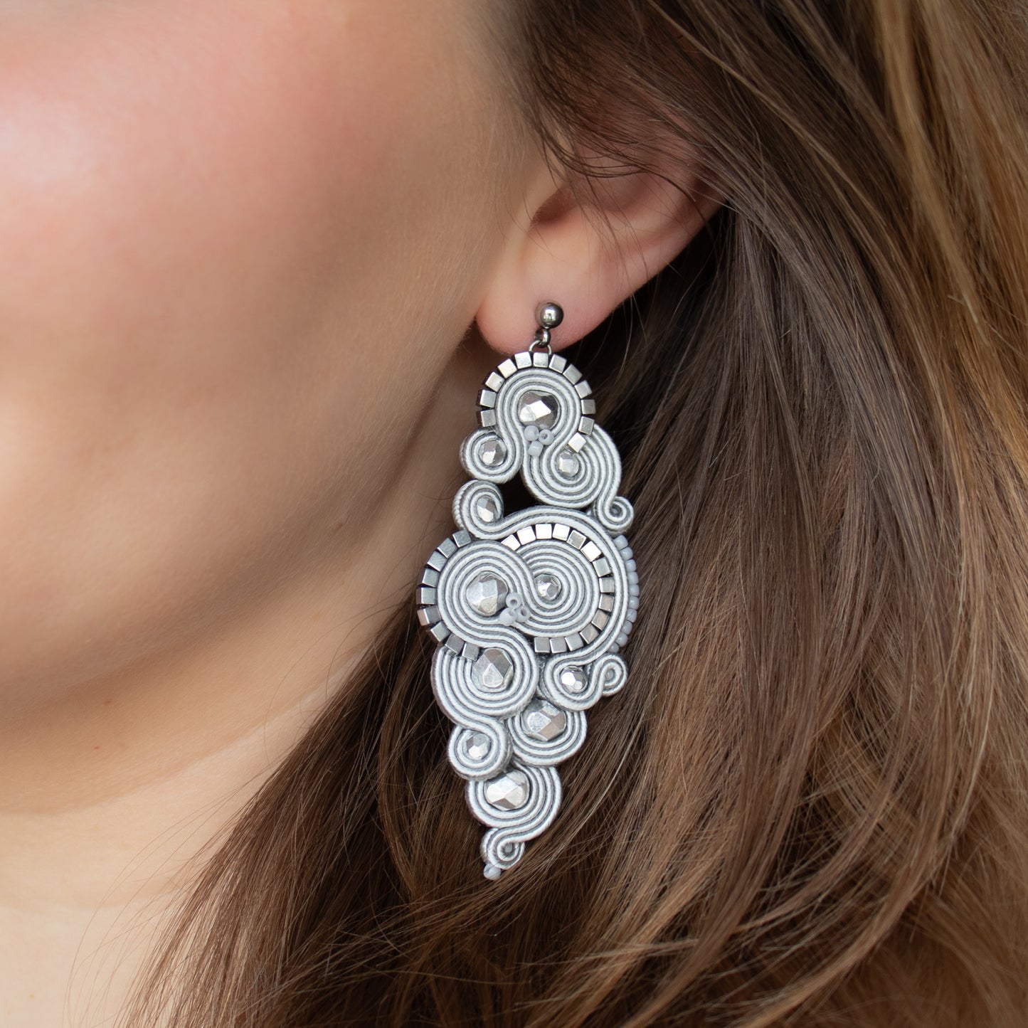 Handmade Light Grey Soutache Earrings – Graceful and Original Jewellery
