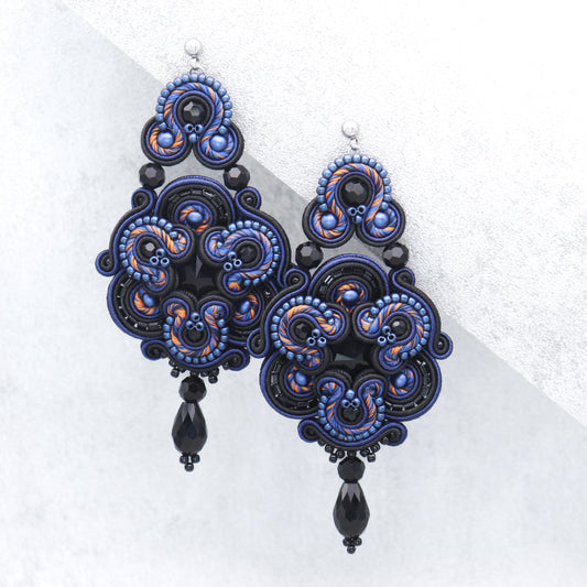 Dark sapphire and black soutache earrings. Oriental and exclusive earrings.