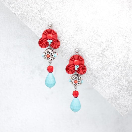 Red and turquoise handmade earrings. Statement soutache earrings with charms.