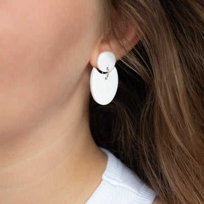 Handmade White and Glitter Polymer Clay Earrings – Geometric and Glamorous Jewellery