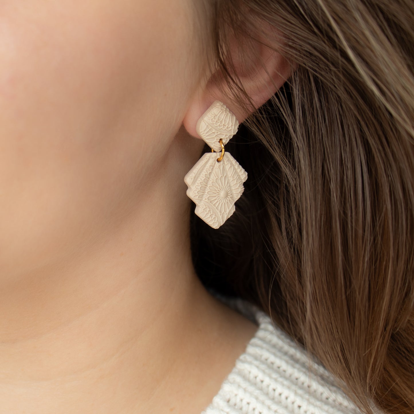 Handmade Textured Cream Earrings – Geometric Polymer Clay Jewellery