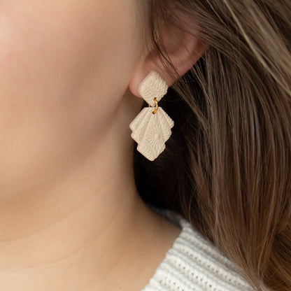 Handmade Textured Cream Earrings – Geometric Polymer Clay Jewellery