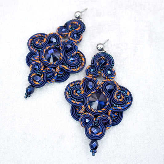 Dark sapphire and orange soutache earrings. Exclusive handmade earrings.