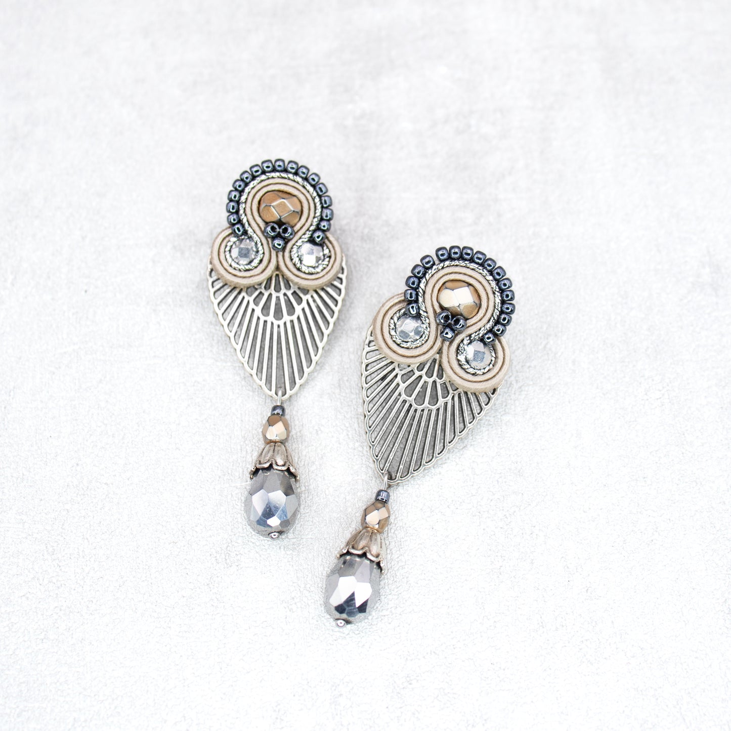 Sand, light grey and dark grey soutache earrings. Oriental handmade earrings