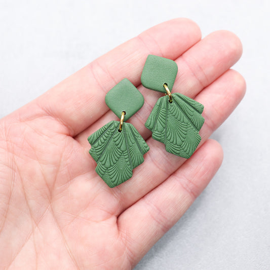 Geometric polymer clay earrings. Handmade forest green earrings.