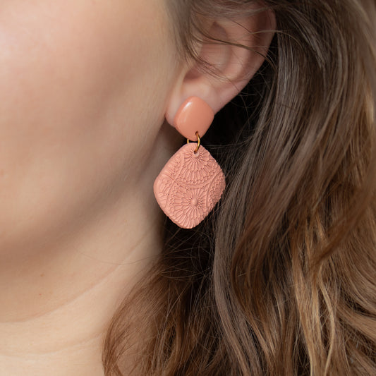 Handmade Light Peach Rhombus Earrings – Textured Polymer Clay Jewellery