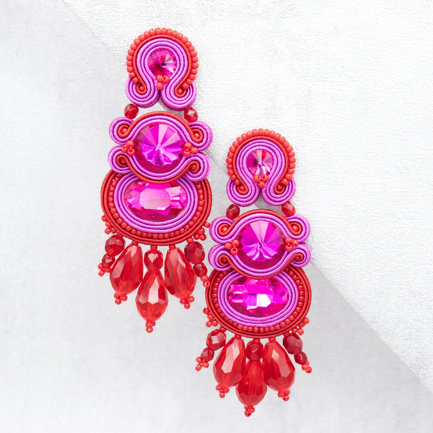 Red and magenta soutache earrings. Unique and statement earrings.