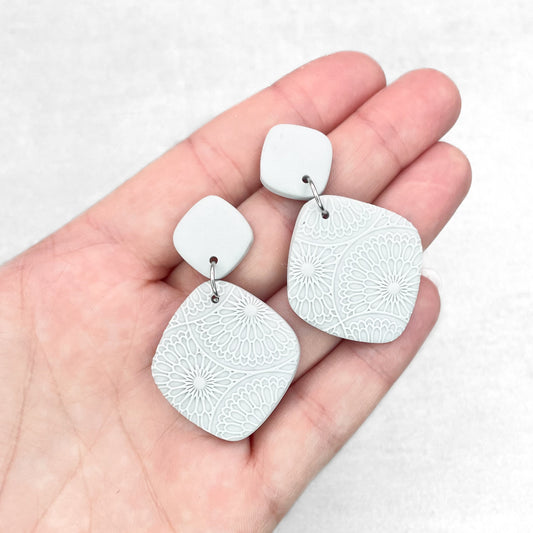 Handmade Light Grey Rhombus Earrings – Textured Polymer Clay Jewellery