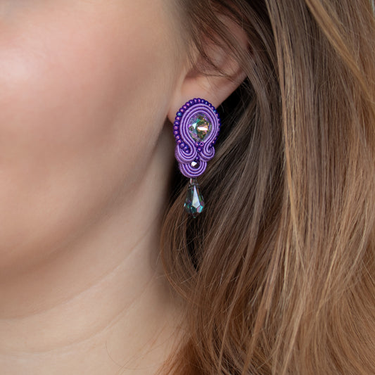 Purple soutache earrings with Primero crystals. Unique handmade earrings.
