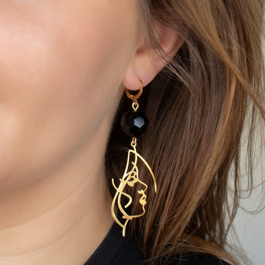 Handmade Face Earrings with Black Beads and Gold Charms