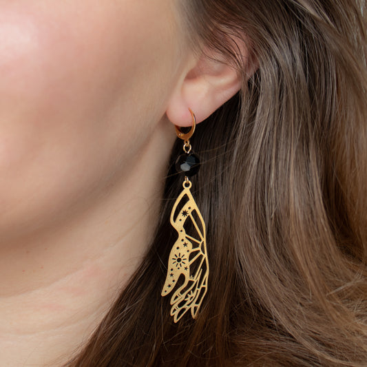 Handmade Hand Earrings with Black Beads and Gold Charms – Spiritual Jewellery