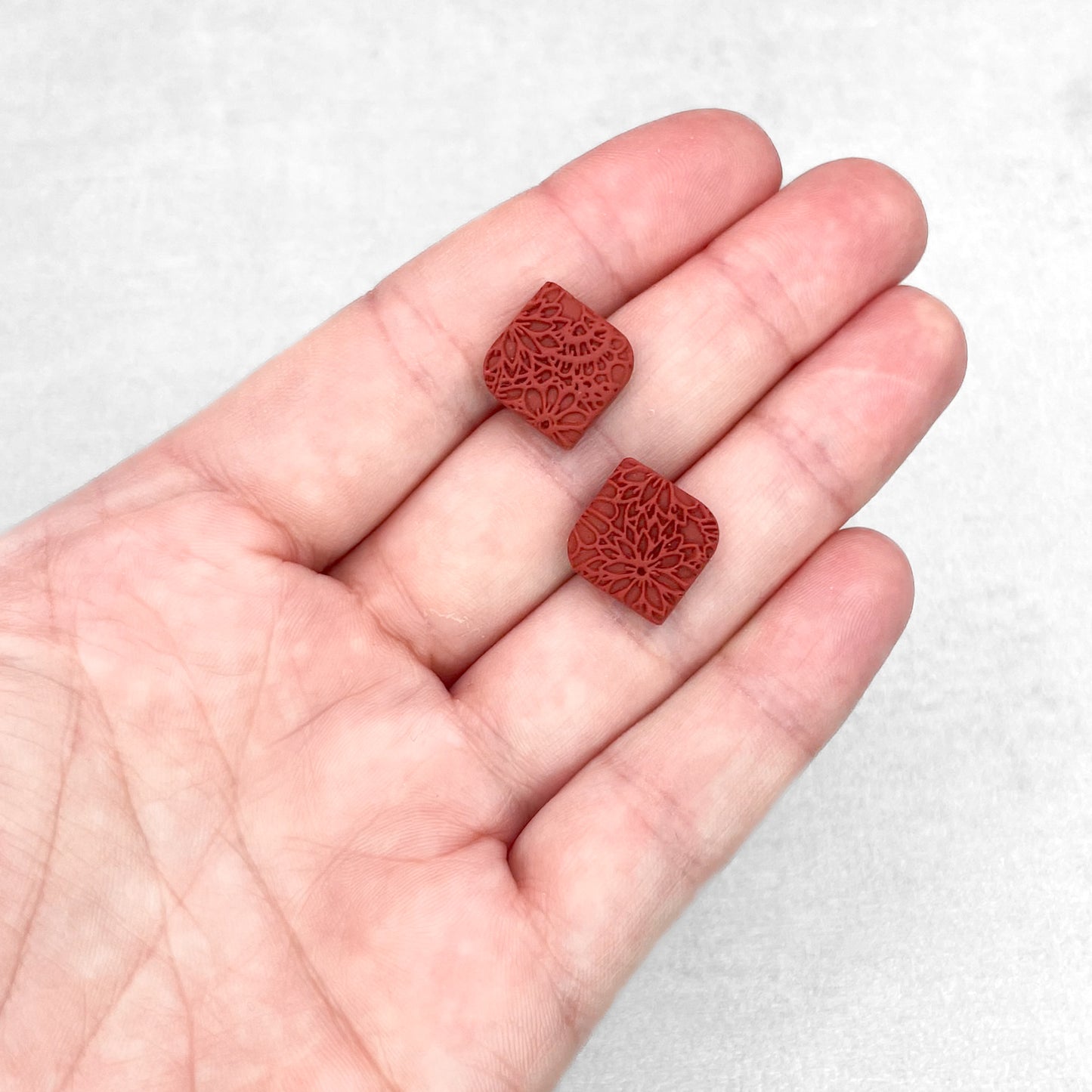 Handmade Dark Copper Rhombus Stud Earrings – Textured Polymer Clay Studs